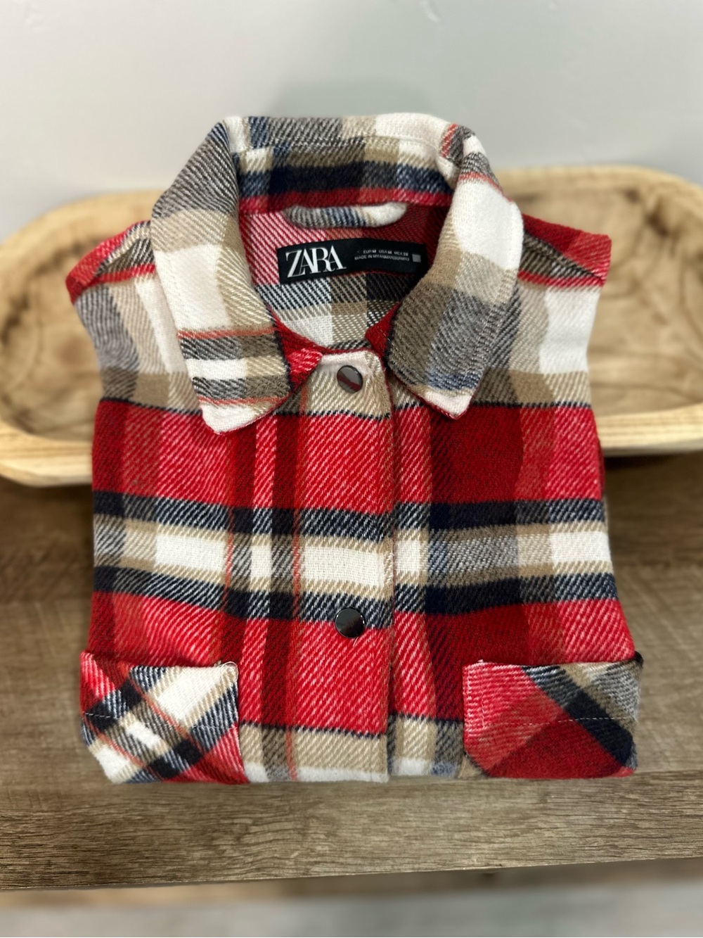 ZARA Cropped Oversized Plaid Shacket Jacket Button Down Pockets M Red Blue Tan